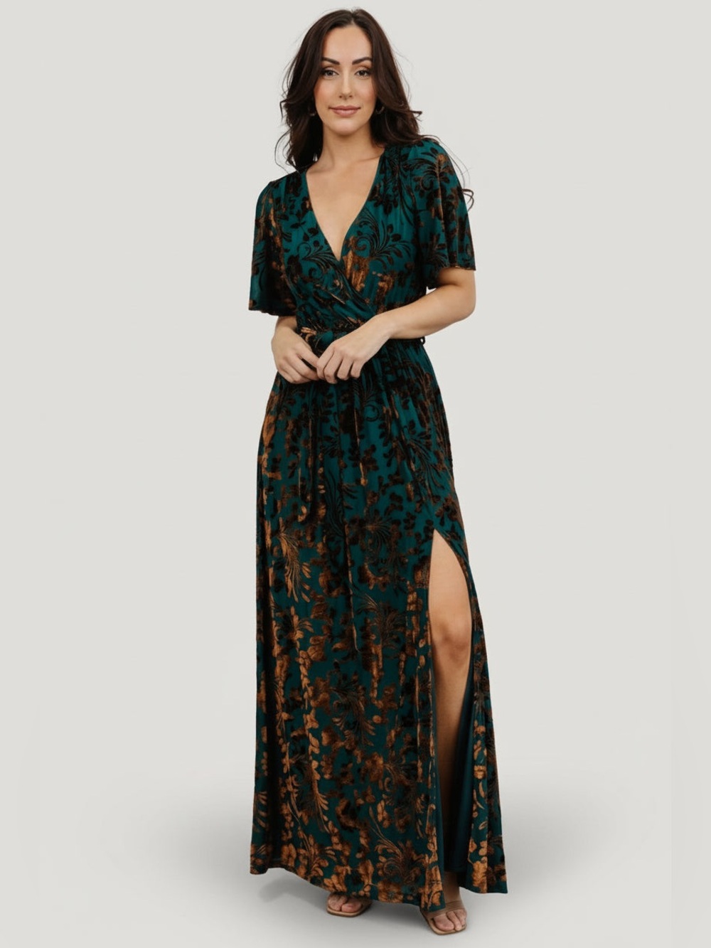 Baltic Born Uma Velvet Maxi Dress Jade Green Bronze Floral XL fall wedding guest - Picture 15 of 16